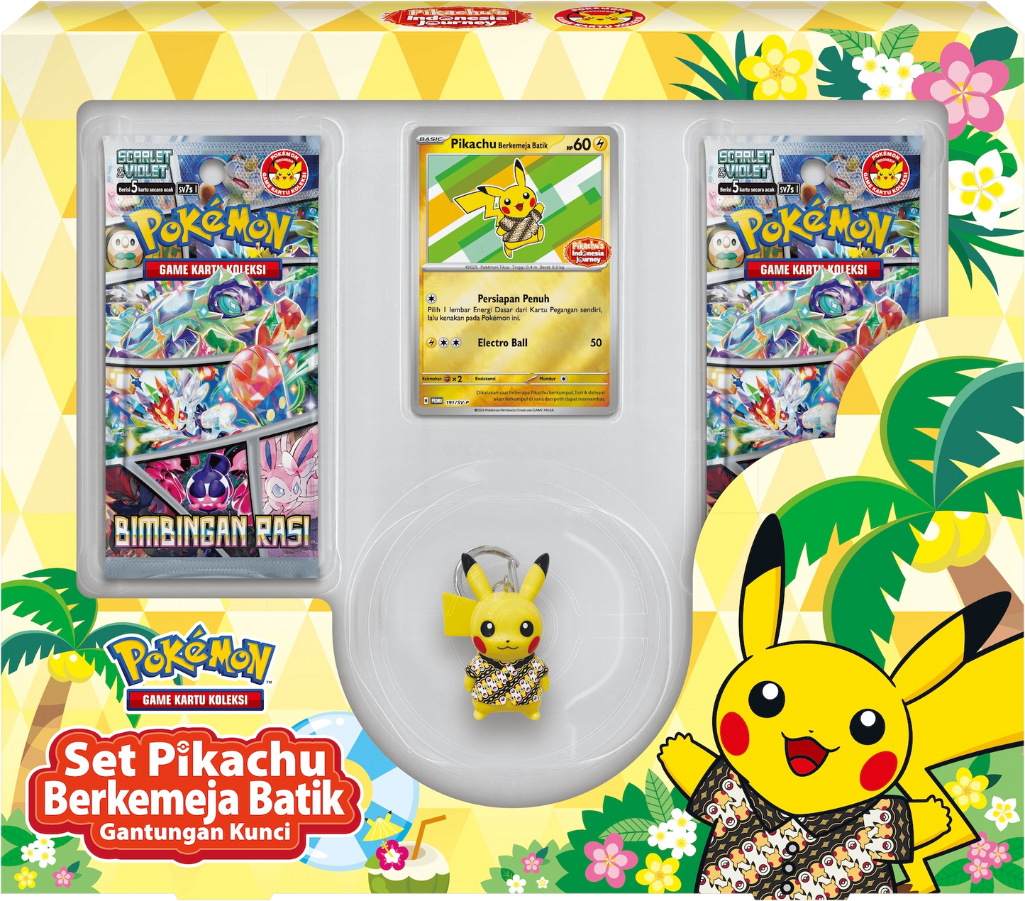 Pikachu's Indonesia Journey Promo box with Batik Shirted Pikachu Set Key Chain and 20 Stellar Guidance | Bimbingan Rasi - sv7s packs