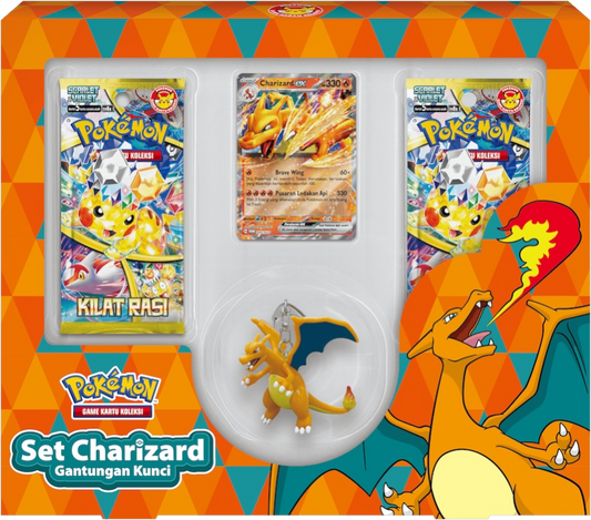 Pokémon Charizard Promo and Key Chain Set Scarlet & Violet Indonesia Exclusive with 20 Stellar Lighting Strike | Kilat Rasi - sv8s Booster Packs