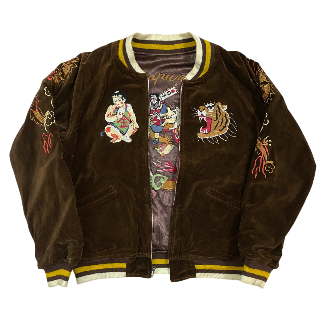 HOUSTON Japan Velvet/Satin Reversible Sukajan Jacket with Kintaro and Momotaro Embroidery