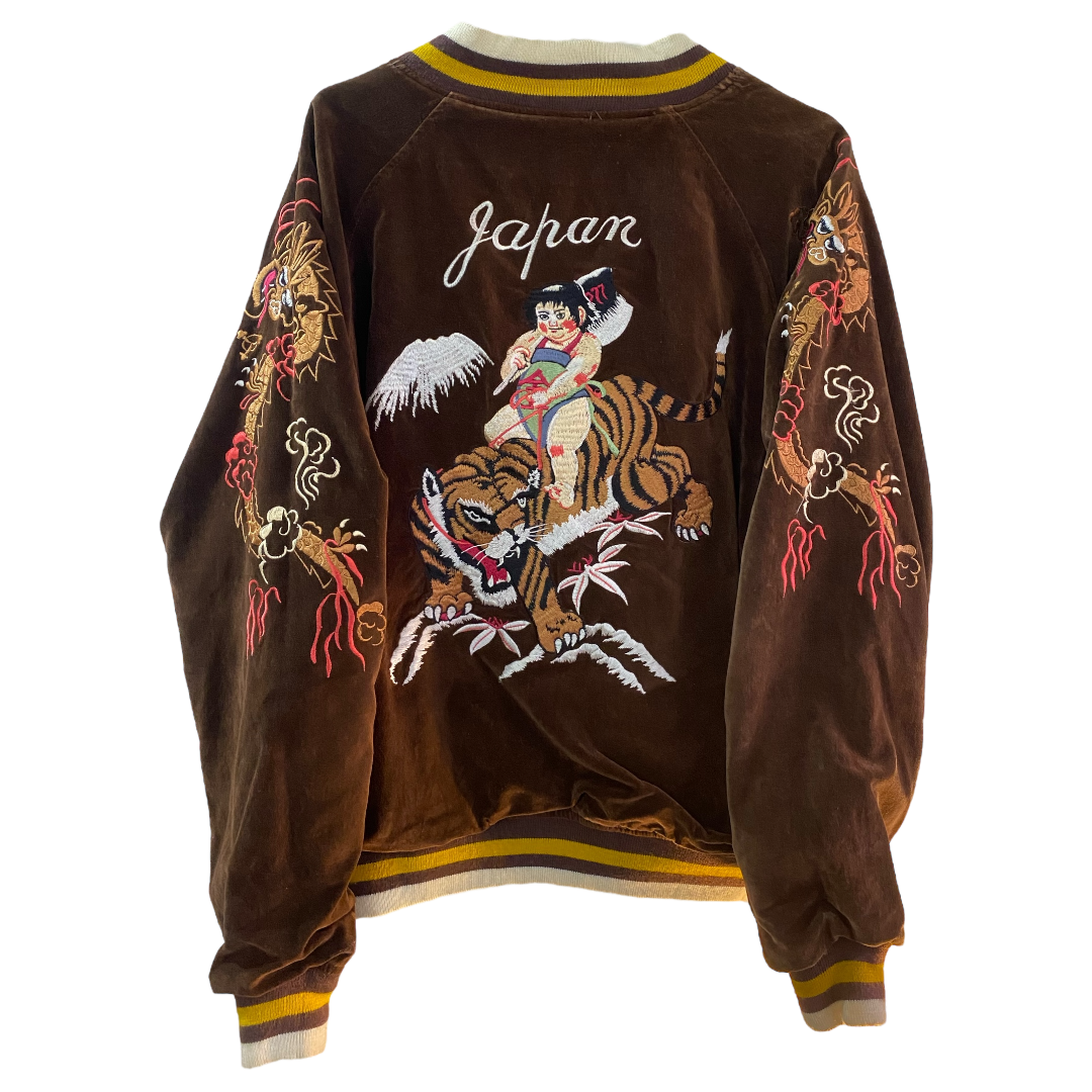 HOUSTON Japan Velvet/Satin Reversible Sukajan Jacket with Kintaro and Momotaro Embroidery