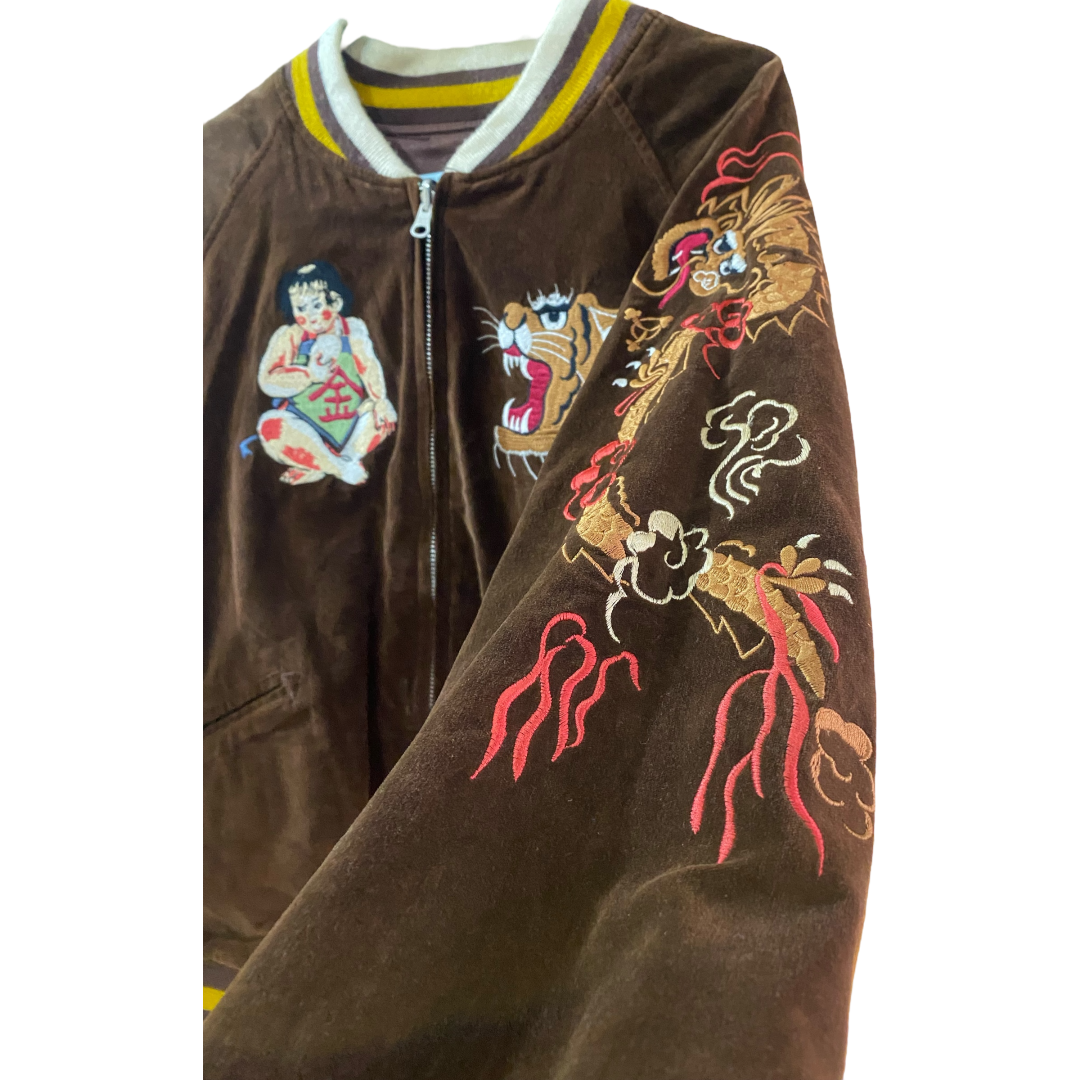 HOUSTON Japan Velvet/Satin Reversible Sukajan Jacket with Kintaro and Momotaro Embroidery