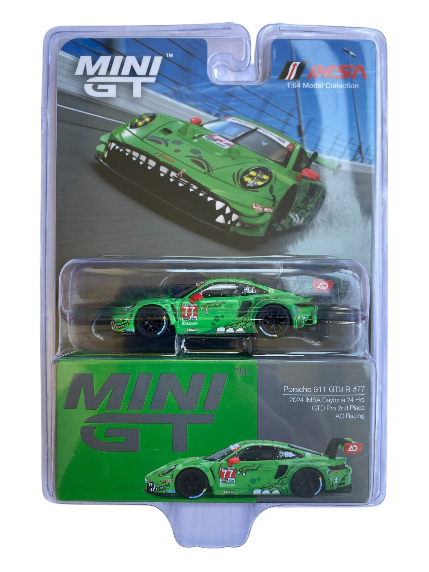 MiniGT Porsche 911 GT3 R #77 2024 IMSA Daytona, 24hrs GTD Pro 2nd Place AO racing