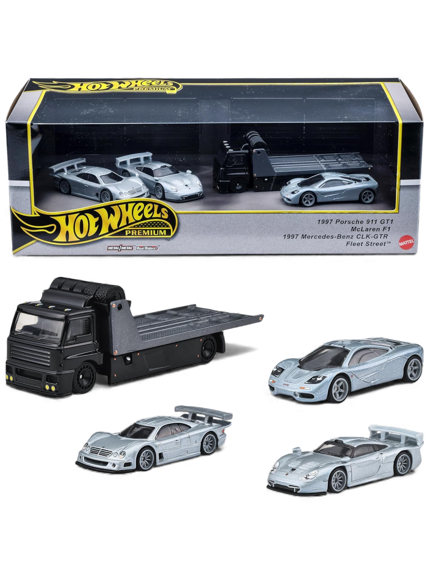 Hot Wheels Premium Collectors Set - 90s Le Mans “Holy Trinity”  1997 Porsche 911 GT1 / McLaren F1 / 1997 Mercedes-Benz CLK-GTR / Fleet Street