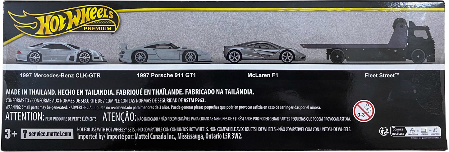 Hot Wheels Premium Collectors Set - 90s Le Mans “Holy Trinity”  1997 Porsche 911 GT1 / McLaren F1 / 1997 Mercedes-Benz CLK-GTR / Fleet Street