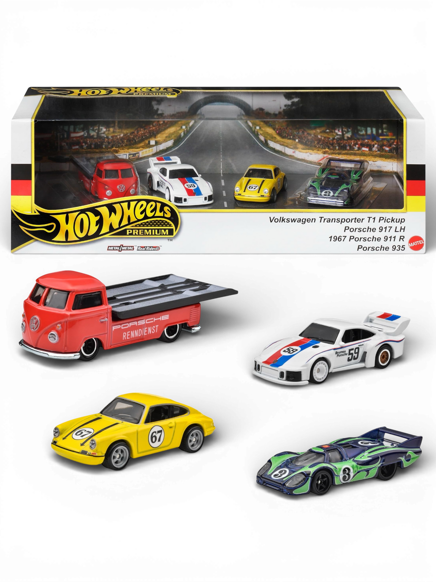 Hot Wheels Premium Porsche Diorama Set - Volkswagen Transporter T1 Pickup / Porsche 917 LH / 1967 Porsche 911 R / Porsche 935